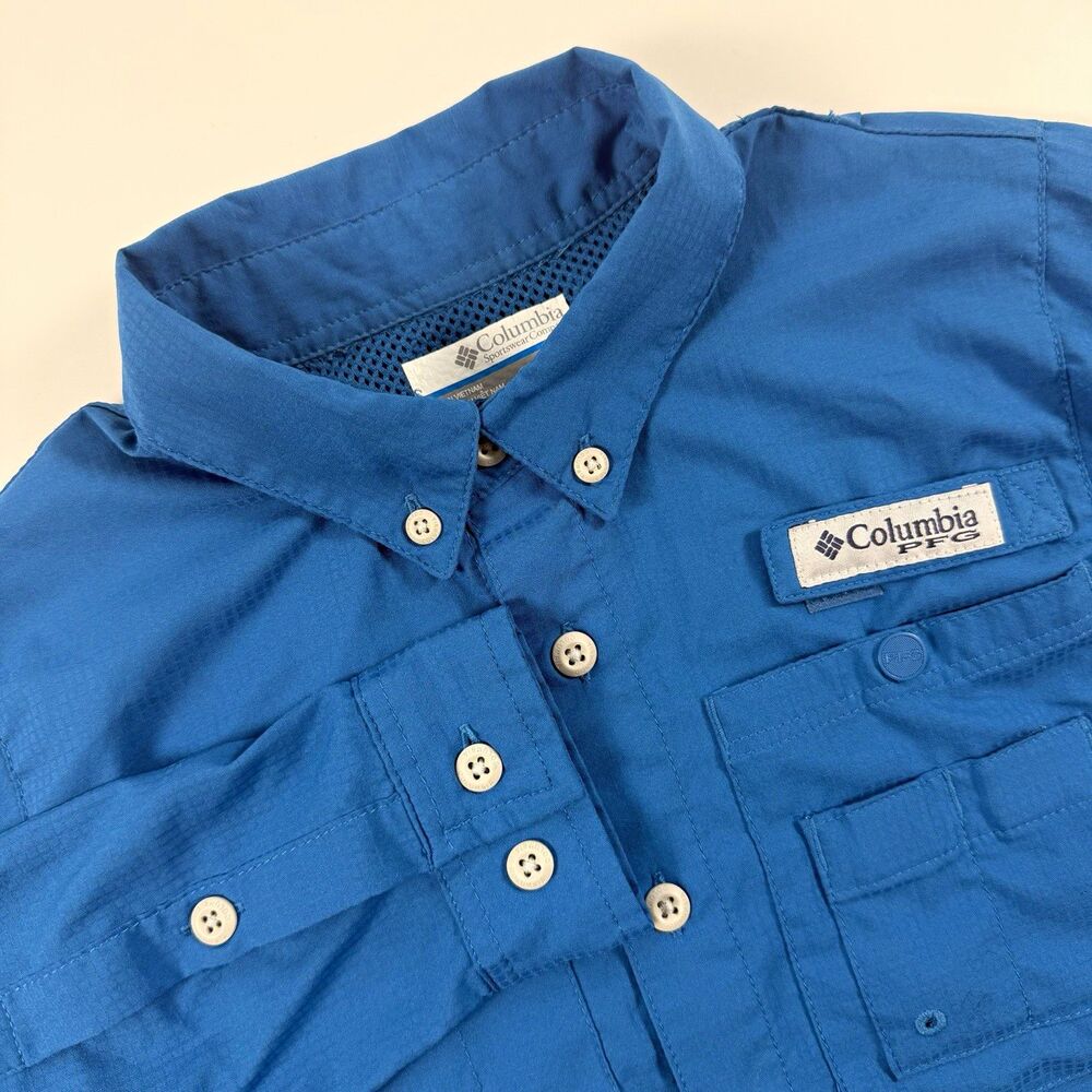 Columbia PFG Omni-Shade Boys XS 6/7 Blue Long Sleeve Button-Up Fishing Shirt